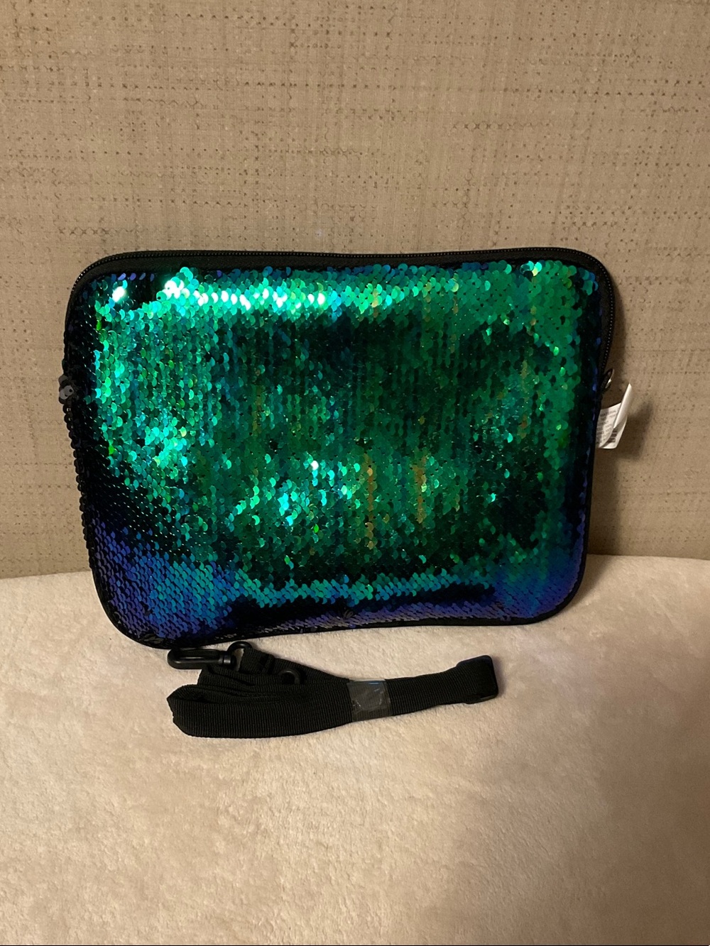 Iridescent Green & Blue Sequin Tablet Sleeve with Strap